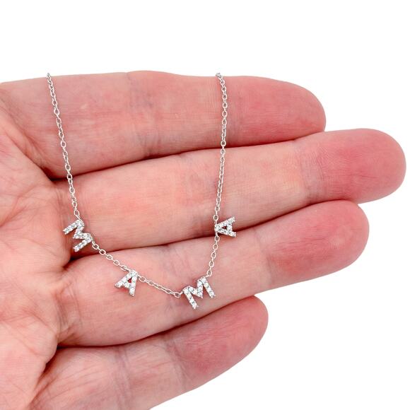 Estate Jewelry - MAMA Cubic Zirconia Charm Necklace | Vintage Sterling Silver 925 | 13.5-16.5"